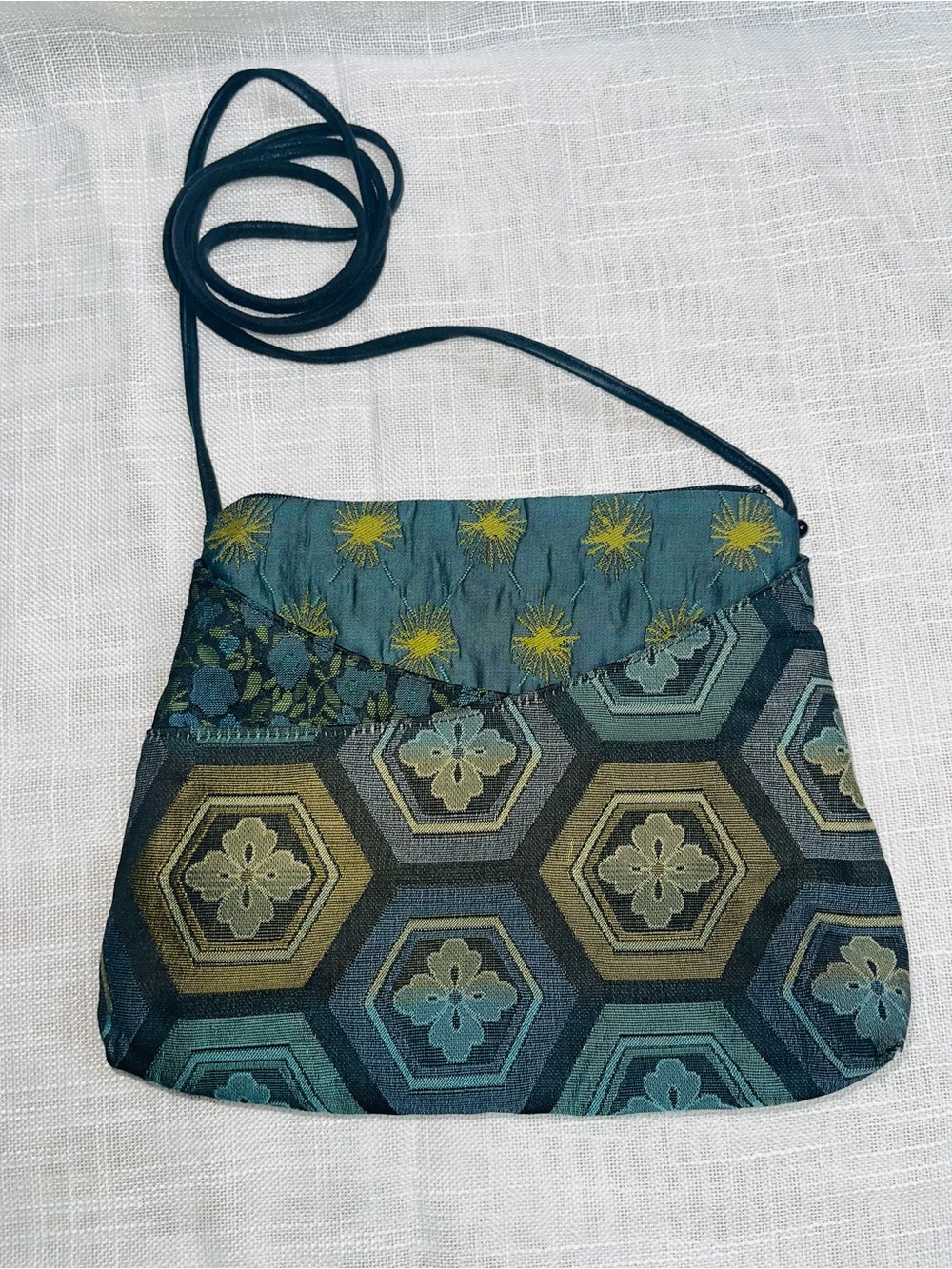 Maruka Sparrow Hex Pattern Crossbody Bag in Teal and Olive